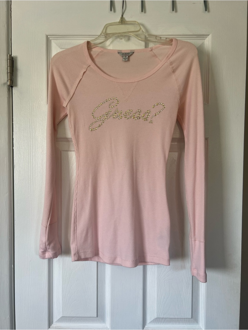 Guess Light Pink Long Sleeve Top with Crystal Script Logo